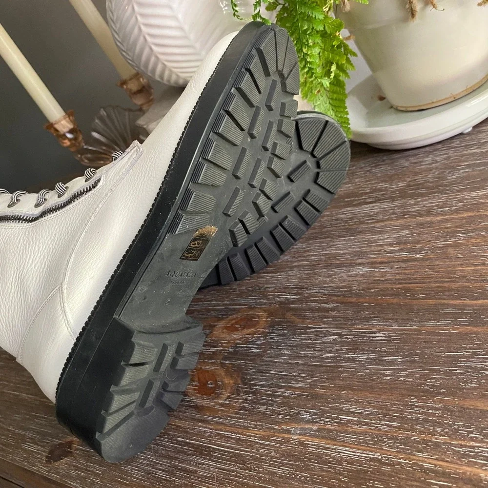 Aquatalia Laila Luxury‎ Waterproof Pebbled Leather Combat Boots Womens 8 White